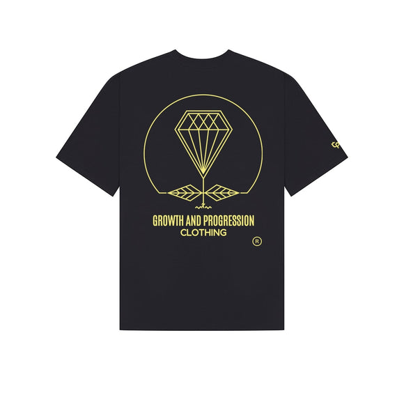 Navy Blue t-shirt with Pro Yellow 'Diamond Rose Growth And Progression Clothing' logo on the back.