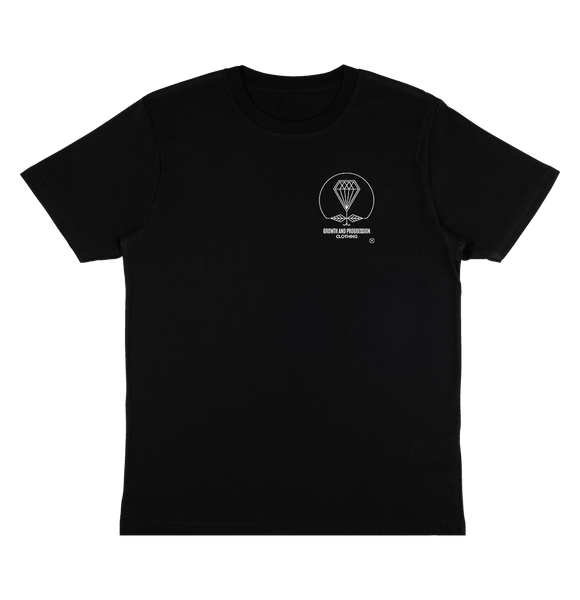 Black t-shirt by Growth And Progression Clothing with a Diamond Rose logo to the left of chest in white, on a white background.