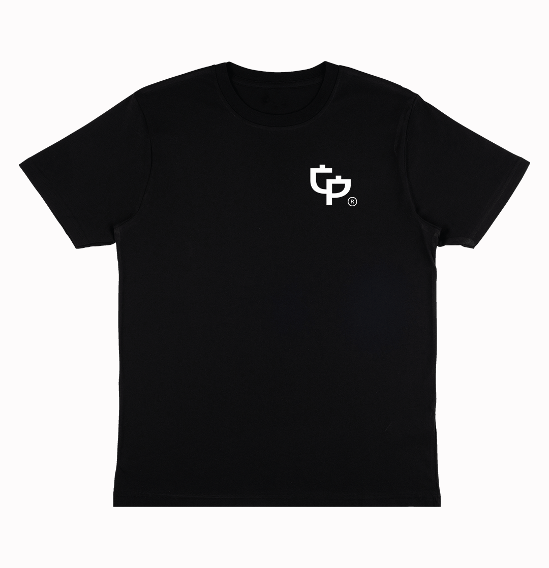 Black t-shirt with a medium white GP logo on the left chest against a white background
by Growth & Progression Clothing.