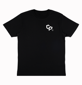 Black t-shirt with a medium white GP logo on the left chest against a white background
by Growth & Progression Clothing.
