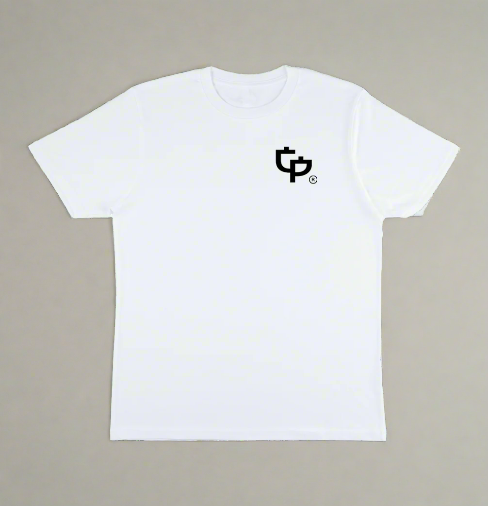 White t-shirt with a medium black GP logo on a cream background by Growth & Progression Clothing.