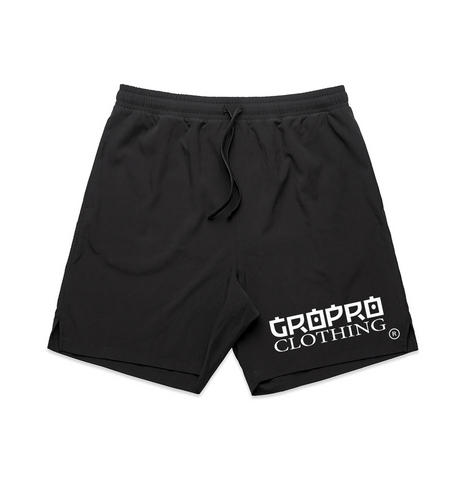 Black shorts with 'GROPRO Clothing' logo in white, to the front left leg.