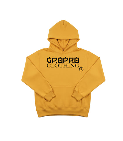 Yellow Gold hoodie with 'GROPRO Clothing' logo  to the front upper center  chest on a white background.