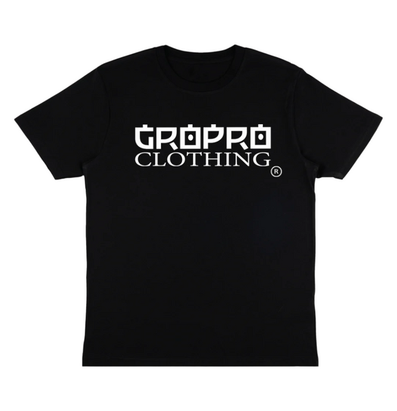 Black t-shirt with a white GROPRO Clothing logo across the chest on a white coloured background, by GROWTH & Progression Clothing.