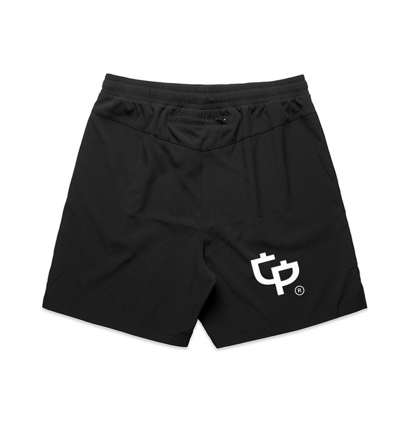 Black Growth And Progression Clothing Active shorts with a white GP logo. to the rear right leg.