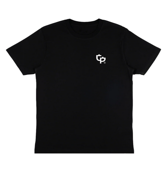 Black t-shirt with a small white GP logo to the left chest on a white background,
by Growth & Progression Clothing.