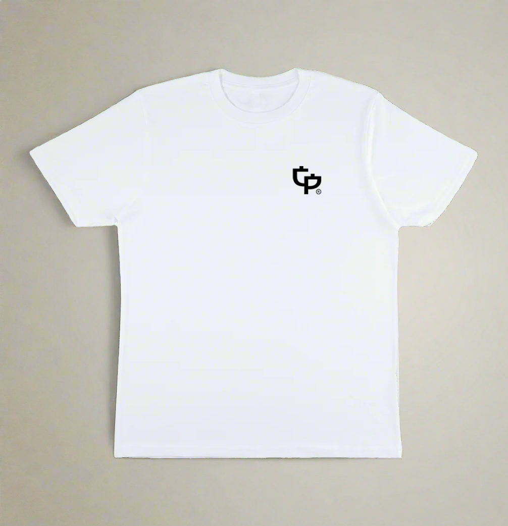 White t-shirt with a small black GP logo to the left chest position on a cream background, by Growth & Progression Clothing.