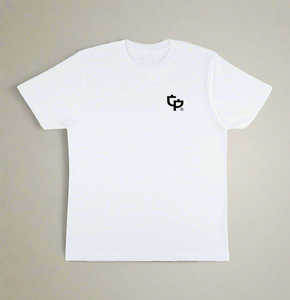White t-shirt with a small black GP logo to the left chest position on a cream background, by Growth & Progression Clothing.