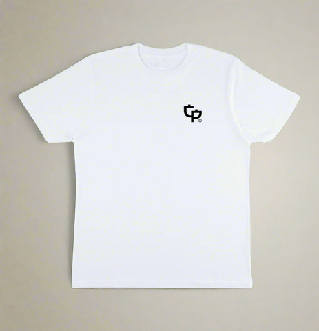 White t-shirt with a small black GP logo to the left chest position on a cream background, by Growth & Progression Clothing.