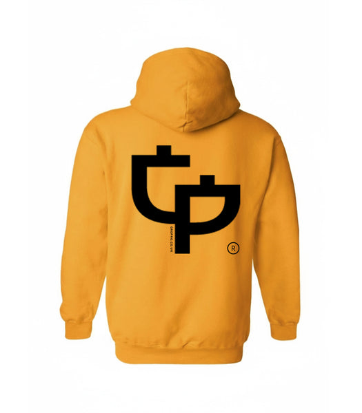 Back of Yellow Gold hoodie with a black GP logo on the back against a white background by Growth & Progression Clothing.