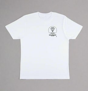 White t-shirt by Growth And Progression Clothing with a Black Diamond Rose logo to the left of chest on a grey background.