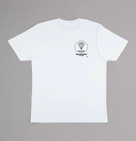 White t-shirt by Growth And Progression Clothing with a Black Diamond Rose logo to the left of chest on a grey background.