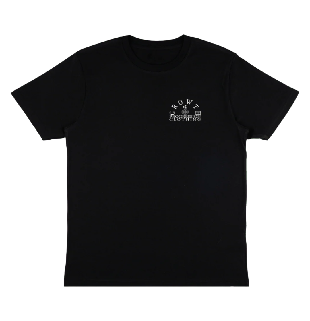 Black t-shirt with a white Growth And Progression Clothing Arch logo to the left of chest on a sand coloured background.