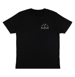 Black t-shirt with a white Growth And Progression Clothing Arch logo to the left of chest on a sand coloured background.