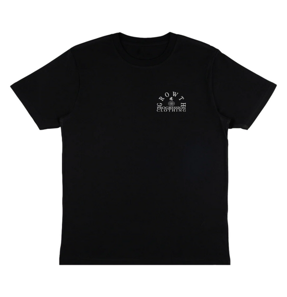 Black t-shirt with a white Growth And Progression Clothing Arch logo to the left of chest on a sand coloured background.