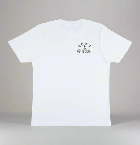 White t-shirt with a black Growth And Progression Clothing Arch logo to the left of chest on a sand coloured background.