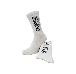 White GROPRO Clothing athletic crew sock. with Black logo By Growth & Progression Clothing.