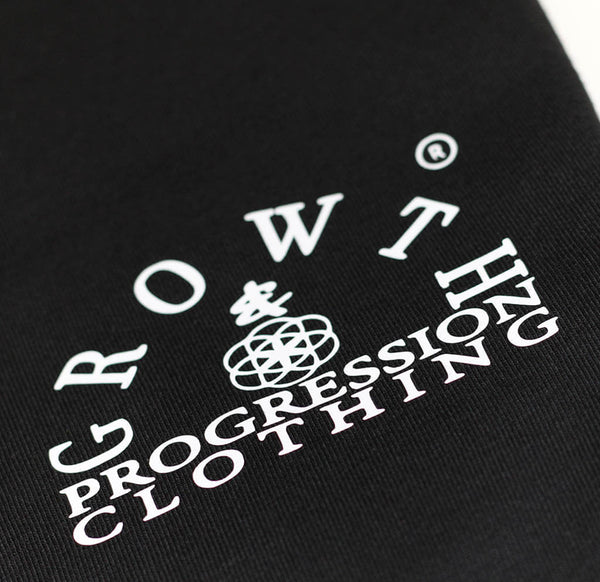 growth & progression clothing Arch logo with white text on a black t-shirt.